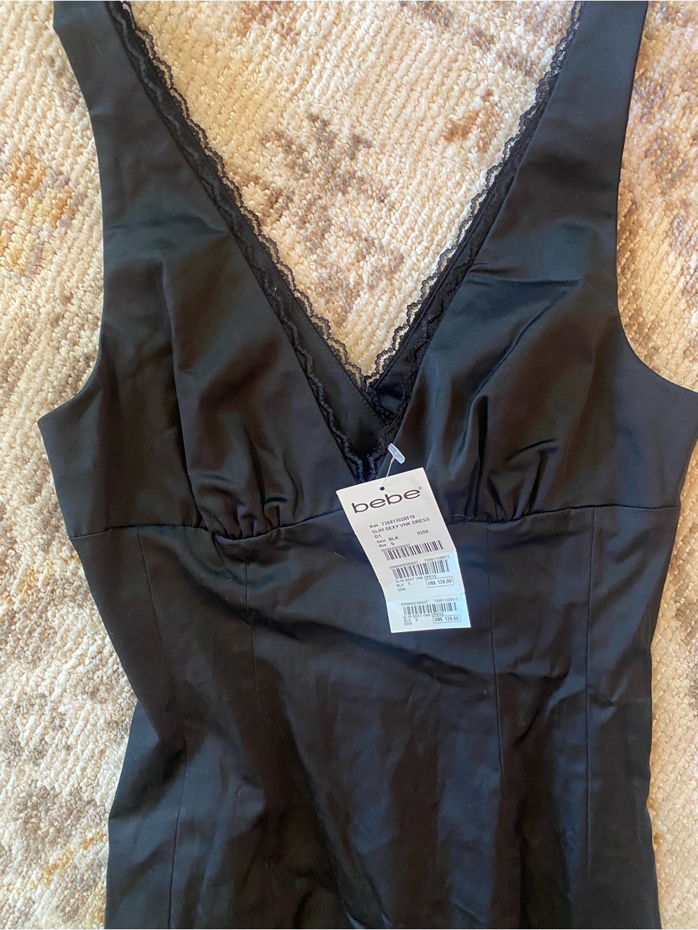 bebe Black Satin V-Neck Lace-Trim Slip Dress
